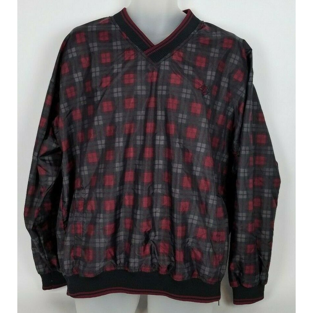 Vintage 90's JERZEES Black Red Checkered Windbreaker Pullover Jacket Men's Lrg